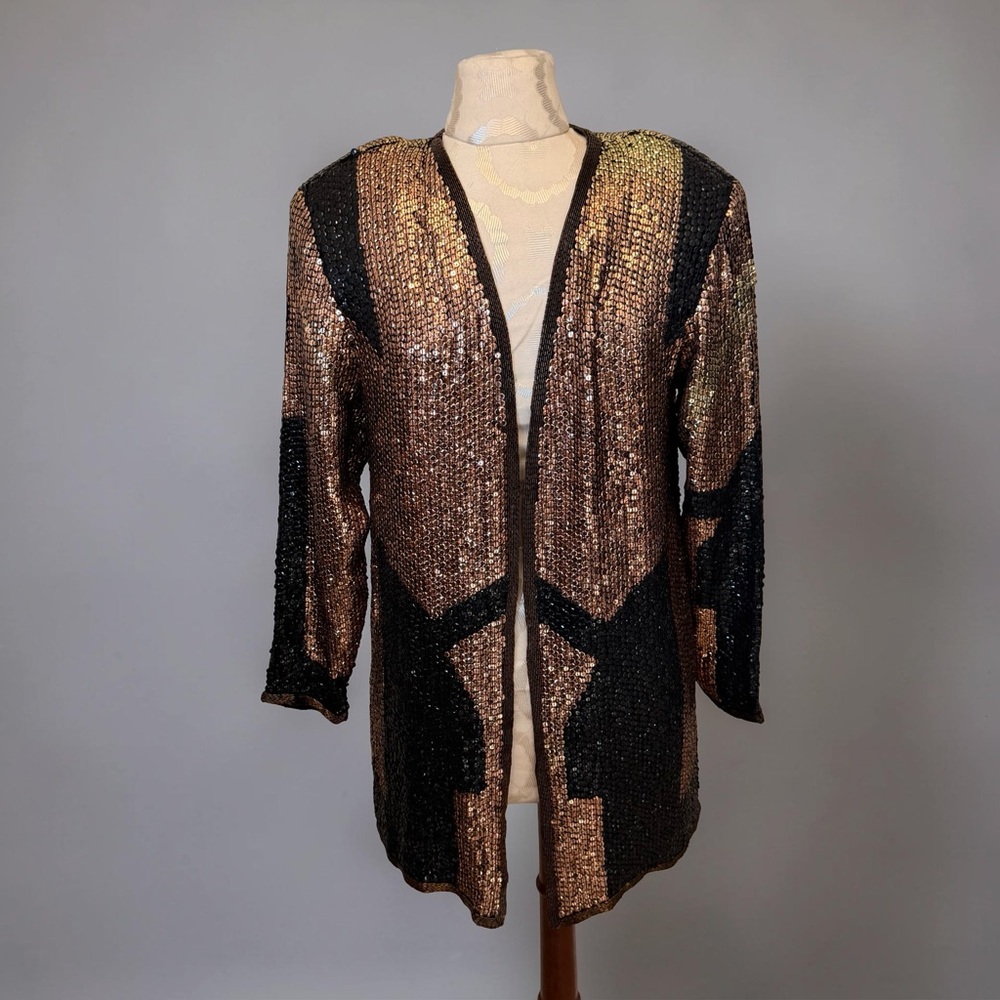 VTG Rina Z 100% Silk Sequin Jacket Bronze Black Geometric M